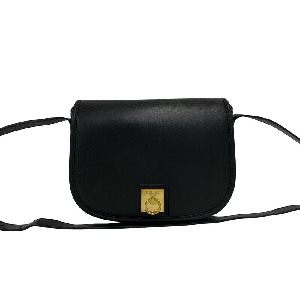 CELINE Vintage Logo Ring Hardware Leather One Mini Shoulder Bag Pouch Black 7...